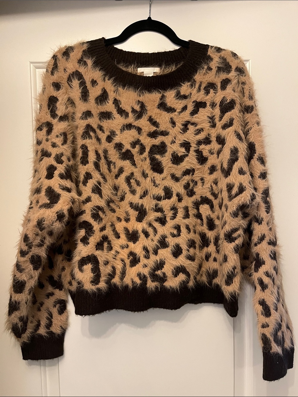 H&M Leopard Print Fuzzy Crewneck Sweater - Tan & Brown